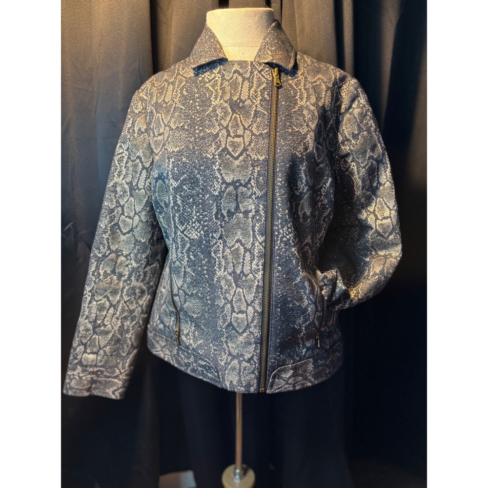Chico's Metallic Snakeskin Moto Jacket Grey Silver Zip Size 1 12395989